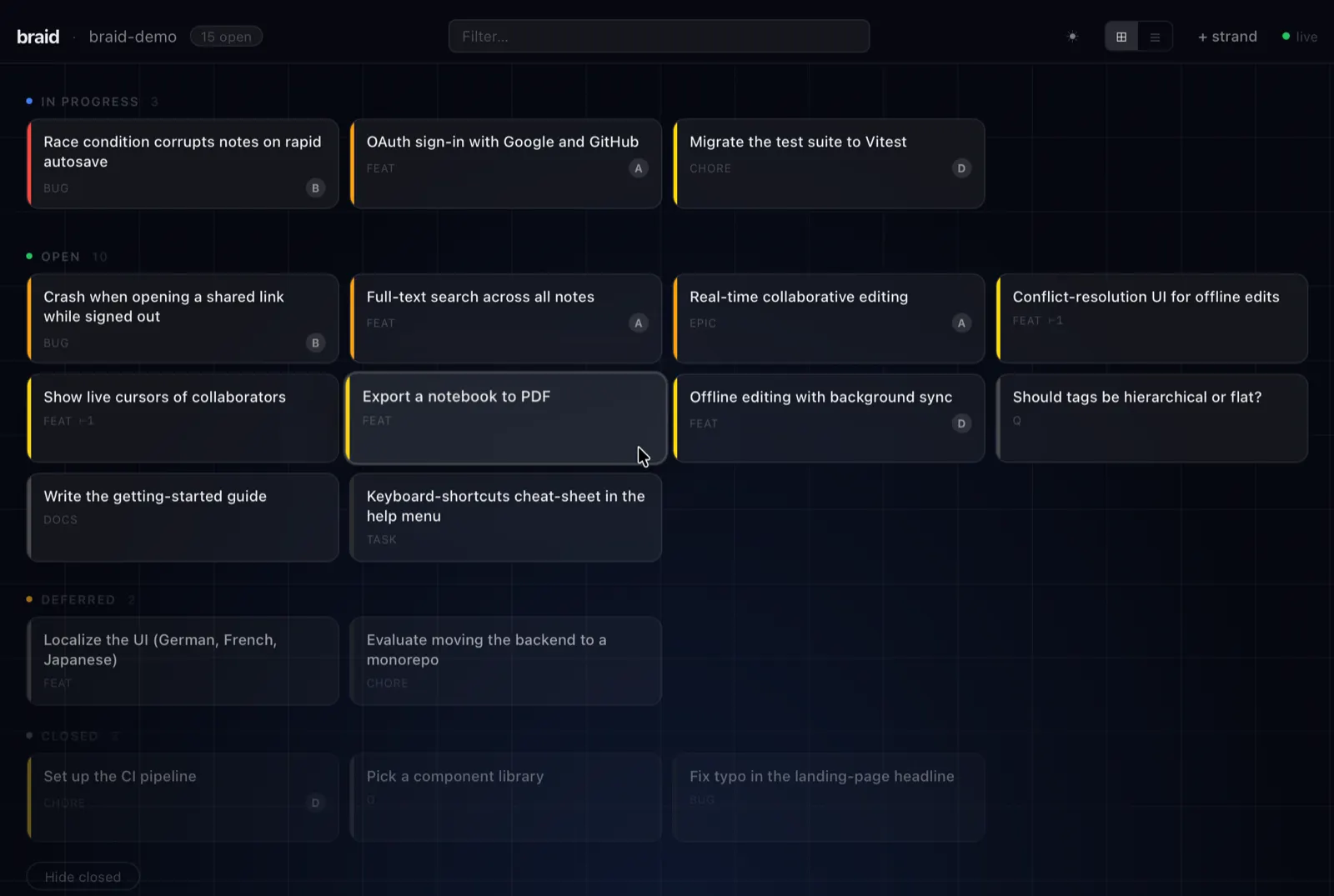 The braid web UI: a stage view with status lanes and priority-coloured strand cards.